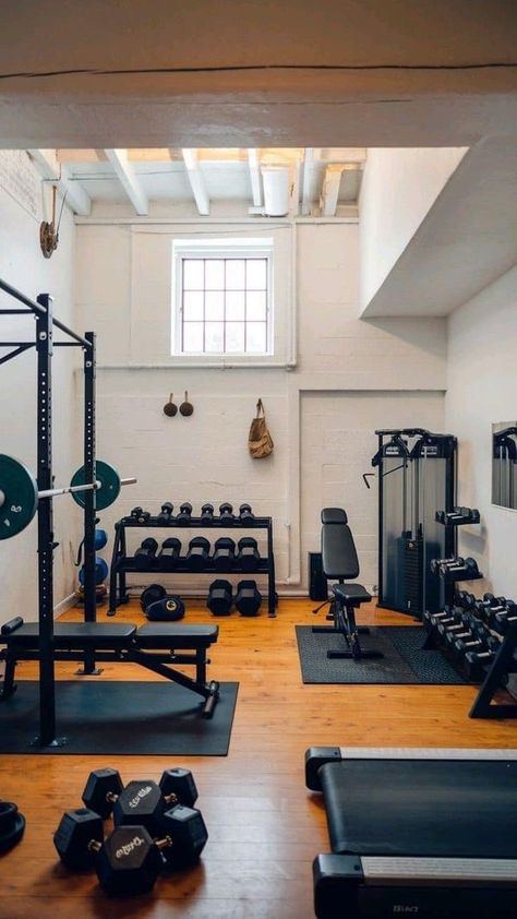 Basement Home Gym On A Budget, Basement Fitness Room Ideas, Home Gym Room, Small Home Gym Design, Basement Workout Room, Basement Transformation, Gym Basement, Small Home Gyms, Commercial Gym Design