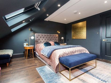 WE SOLD OUR HOUSE! — HOUSE LUST Loft Room Victorian Terrace, Loft Conversion Bedroom Decor, Blue Black Bedroom, Farrow And Ball Railings, Loft Bedroom Decor, Loft Rooms, Dark Feminine Bedroom, Loft Conversion Bedroom, Navy Bedroom