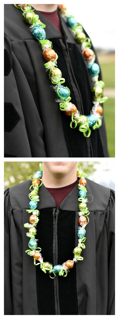 Candy Lei Tutorial Candy Lei Tutorial, Candy Lei Diy, Graduation Candy Lei, Chocolate Graduation, Candy Leis, Money Lei Diy, Lei Graduation, Lindt Truffles, Graduation Leis Diy