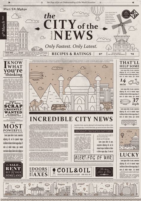 Design of old vintage newspaper template... | Premium Vector #Freepik #vector #vintage #design #template #newspaper Old Newspaper Template, Vintage Newspaper Template, طابع بريدي, Desain Buklet, Newspaper Template, Vintage Newspaper, Newspaper Design, Journal Vintage, Poster Minimalist