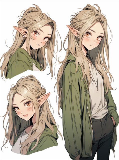 blonde, long hair, elf ears, green Elf Hair Drawing, Half Up Half Down Hair Drawing, Elf Hairstyles Drawing, Green Outfit Drawing, Blond Hair Drawing, Long Hair Drawing Female, Half Elf Woman, Blonde Hair Drawing, Elf Hairstyles