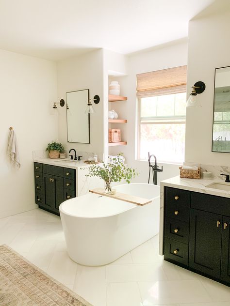 Tub In Between Vanities, Freestanding Tub Between Vanities, Floating Tub Master Bath, Bathtub Between Two Vanities, Tub Between Vanities, Tub Between Two Vanities, Built In Floating Shelves, Black Vanities, Styling Bathroom