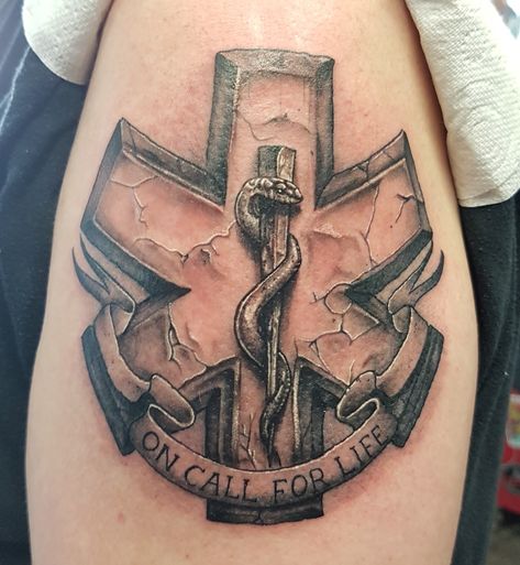 Star of Life EMS Tattoo Ems Star Of Life Tattoo, Emt Tattoo Ideas, Ems Tattoos Paramedics, Ems Tattoo Ideas, Army Medic Tattoo, First Responder Tattoo Ideas, Fire Tatoos, Star Of Life Tattoo, Er Tattoo