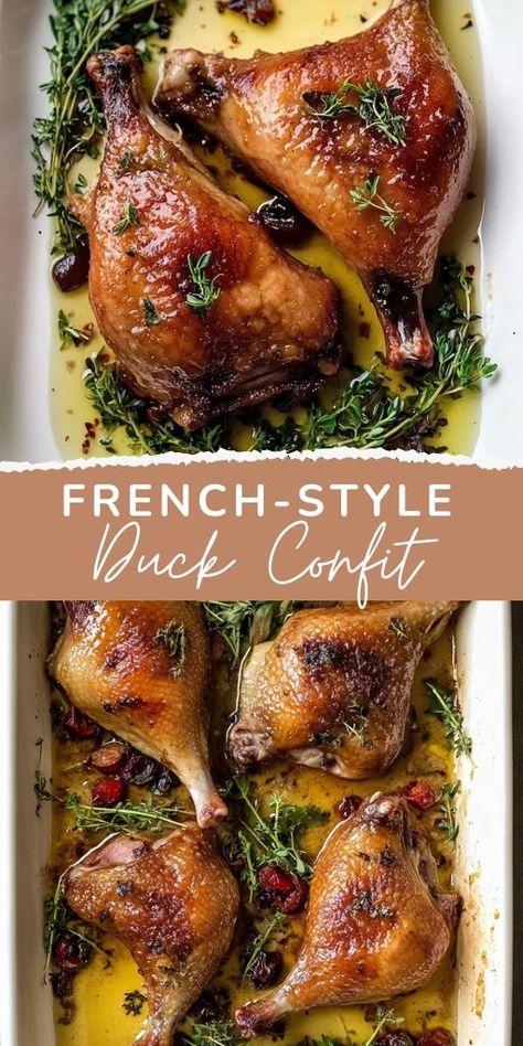 This French-Style Duck Confit with Crispy Skin is a gourmet dish that’s sure to impress! 🦆🍷 Tender, slow-cooked duck with perfectly crispy skin offers a luxurious and flavorful dining experience. Perfect for special occasions or when you want to treat yourself to a fine dining meal at home. 📌 Pin this recipe to create a restaurant-quality French-style duck confit for your next special dinner! #DuckConfit #FrenchCuisine #GourmetRecipes #CrispySkin #SpecialOccasionMeals #LuxuriousDinners French Style Recipes, Duck Christmas Dinner, Roasted Duck Side Dishes, Pressure Cooker Duck Recipes, Christmas Fine Dining Food, Confit Duck Leg Recipes, Crock Pot Duck Recipes, Stuffed Duck Recipes, Whole Duck Confit