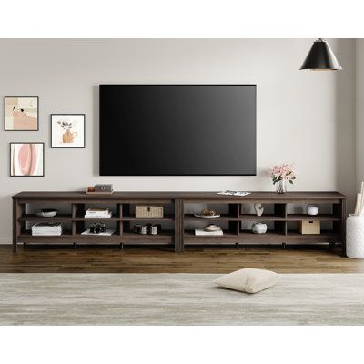 This is a large wooden TV cabinet which is consisted of two 70 inch tv stands, beautifully crafted from high-quality, durable wood. You could use them together as a long tv stand for oversized television or use them separately as two tv stands. It boasts a robust construction that ensures long-lasting performance, providing ample space for a large television set and other media accessories. The rich wood grain add a touch of elegance and sophistication to any space. The tv stand features six ope Long Entertainment Center, Espresso Tv Stand, Long Tv Stand, 70 Inch Tv Stand, Nyc Rooms, Credenza Wood, Large Tv Stands, Wooden Tv Cabinet, Stands Tv