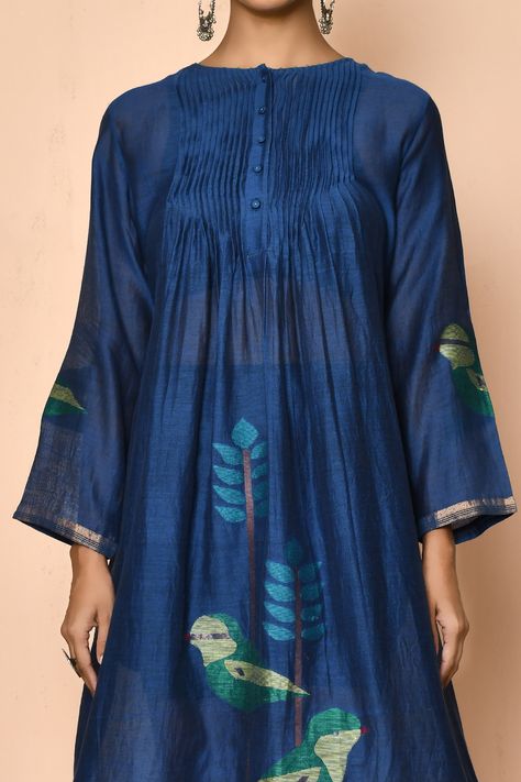 Blue cotton silk jamdani kurta with placed bird and leaf motifs.  Component: 1 Pattern: Woven Type Of Work: Bird Neckline: Round Sleeve Type: Full Fabric: Cotton silk Color: Blue Other Details:  Golden zari border Pintucked bodice Occasion: Work,Puja - Aza Fashions Jamdani Kurta, Silk Kurti Designs, New Kurti Designs, Simple Kurta Designs, Designer Kurti Patterns, India Dress, Simple Kurti Designs, Indian Dresses Traditional, Cotton Kurti Designs