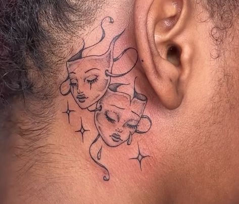 Tear Eye Tattoo, Two Face Mask Tattoo, Laugh Now Cry Later Tats Feminine, Theater Faces Tattoo, Mini Face Tattoo, Smile Now Cry Later Tats, Drama Mask Tattoo Design, Side Face Tattoos For Women, Hispanic Tattoos For Women