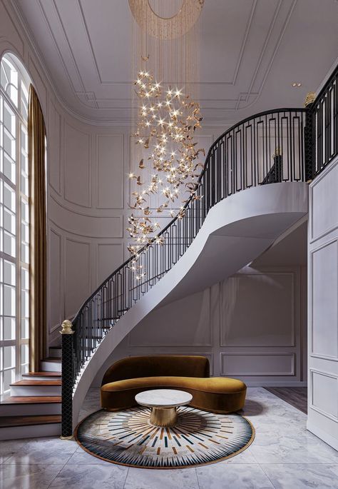 American Classic House Interior, Entrance Staircase, Luxurious Staircase, Classic Staircase, Staircase Interior, Luxury Houses Entrance, Round Stairs, تحت الدرج, Dining Room Design Luxury