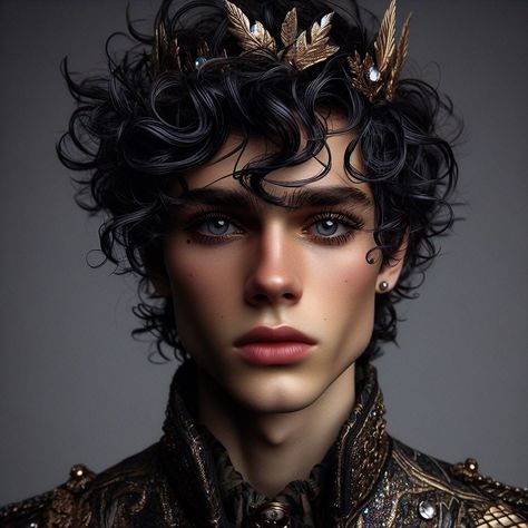 Young handsome fae. His eyes are black. Cardan has curly, iridescent midnight hair and sharp cheekbones. He has long eyelashes and full lips. Cardan is said to be lean and tall, with very pale skin. He is almost always seen wearing extravagant clothes made of opulent fabrics, studded with shiny gemstones and exotic feathers and patterns. Black Feathers Aesthetic, Feathers Aesthetic, Sharp Cheekbones, Very Pale Skin, Midnight Hair, Extravagant Clothes, Fae Prince, Iridescent Black, Long Eyelashes