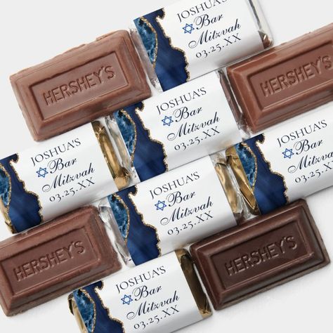 Elegant Navy Blue Gold Agate Bar Mitzvah Party Hershey's Miniatures - Bar Mitzvah Gifts Bar Mitzvah Party Favors, Miniature Bar, Bar Mitzvah Party, Bat Mitzvah Party, Hershey Miniatures, The Torah, Candy Wedding Favors, Navy Blue And Gold, Candy Favors