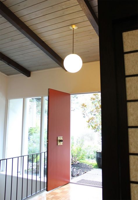 Cedar-and-Moss-lighting-Alto-Pendant-in-entry-Remodelista Front Door Lighting, Cedar And Moss, Wood Canopy, Artisan Lighting, Schoolhouse Electric, Front Door Entryway, Wooden Canopy, Globe Pendant Light, Metal Canopy