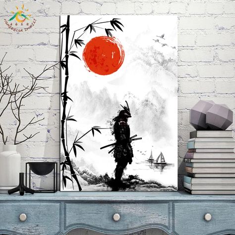 Japan Samurai Art, Art Mini Toile, Japan Samurai, Canvas Living Room, Decoration Pictures, Poster Decoration, Large Wall Murals, Black Canvas Paintings, Japan Painting