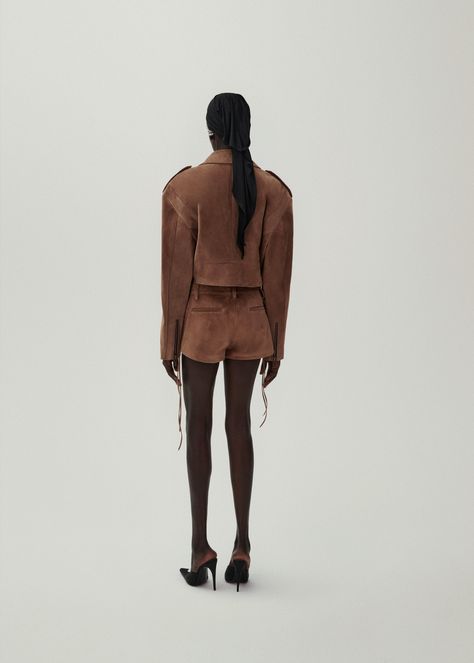 Semi-fitted five-pocket mini shorts grab attention in a brown suede fabric. Complete the leather ensemble by pairing these short with Magda's iconic leather biker jacket. Suede Biker Jacket, Suede Biker, Suede Shorts, Magda Butrym, Hot Shorts, Suede Fabric, Leather Biker Jacket, Mini Shorts, Brand Store