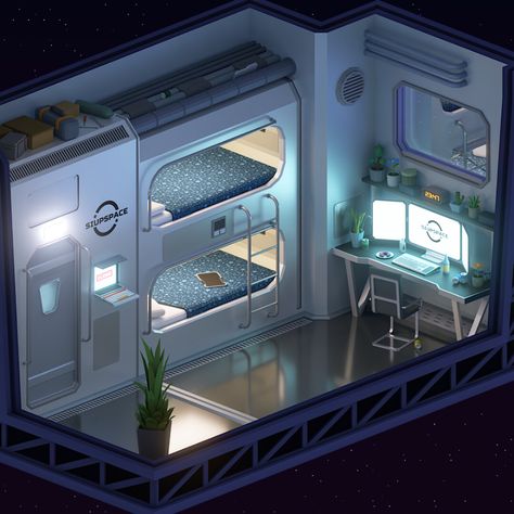 Futuristic Space Station Interior, Spaceship Bunk Bed, Space Station Bedroom, Sci Fi Control Room, Futuristic Room Concept Art, Spaceship Room Design, Spaceship Rooms, Spaceship Interior Design, Scifi Bedroom