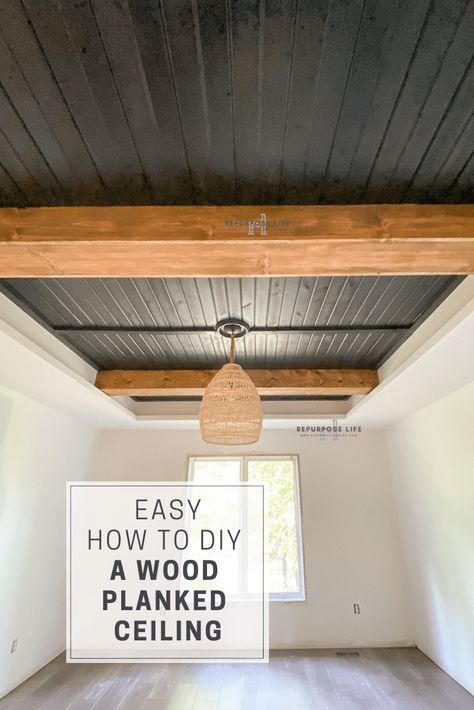 Cover up a popcorn ceiling or update a tray ceiling with a wood planked ceiling. An easy DIY tutorial on how to easily install shiplap (carsiding) to spice up any ceiling in your home. Wood Paneling Ceiling Makeover, Installing Wood Ceiling, Wood Ceilings Diy, Planked Wood Ceiling, Wood Ceiling Makeover, Diy Ceilings Cheap Ideas, Diy Panel Ceiling, Diy Popcorn Ceiling Cover Up, Dark Plank Ceiling