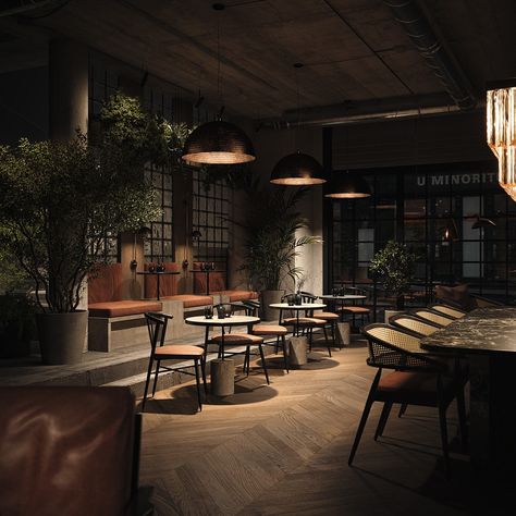 CONCEPT FOR A RESTAURANT IN LONDON | INTERIOR RENDERING | Behance :: Behance Coffee Roasting Room, Industrial Restaurant Design, Rest Ideas, Dark Restaurant, Restaurant Design Inspiration, Modern Industrial Interior, Creative Restaurant, Modern Restaurant Design, Restaurant In London