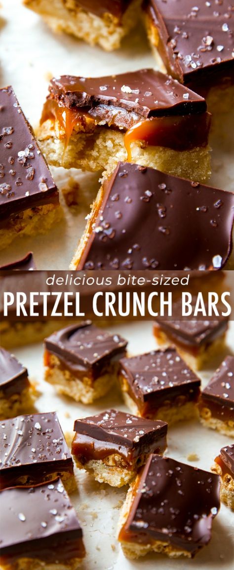 Shortbread, caramel, pretzels, and chocolate meet to create these completely addicting salted caramel pretzel crunch bars! Recipe on sallysbakingaddiction.com Layered Bars Recipe, Fall And Winter Desserts, Christmas Crunch Recipe, Bookclub Ideas Food, Pretzels And Chocolate, Desserts To Share, Crunch Bars Recipe, Toffee Bites, Salted Caramel Pretzels