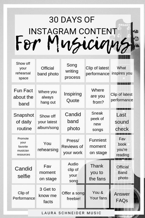 30 Days of Instagram Content for Musicians! Always know what to post on social media with this grid template. Specially made with musicians in mind.  Music // Musicians // Instagram // Indie Musicians // DIY Music // Music Marketing Content Calendar For Musicians, Band Promotion Ideas, Content Ideas For Music Artists, Music Marketing Ideas, Content Ideas For Musicians, Social Media For Musicians, Musician Social Media Content, Musician Social Media, Music Business Management