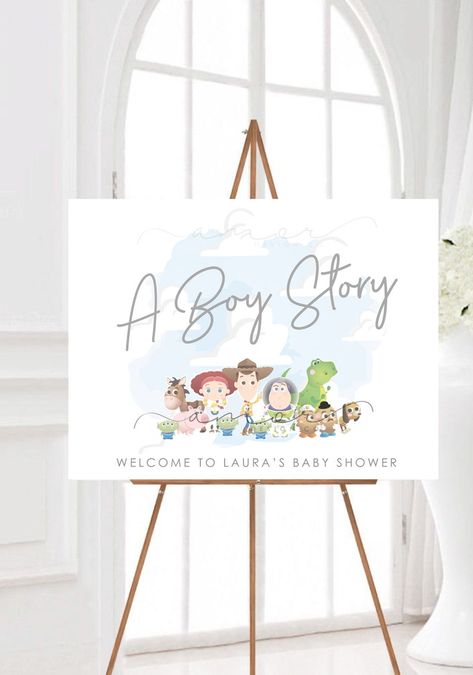 A Boy Story Baby Shower Welcome Sign, Modern Boy Story Welcome Sign, Birthday Boy Toy Sign, It's a Boy Story, Digital Easel Welcome Sign - Etsy Disney Baby Shower Themes, Kylie Baby Shower, Welcome Sign Birthday, Boy Shower Themes, Toy Story Baby, Boy Baby Shower Ideas, Toy Story Theme, Disney Baby Shower, Boy Toy