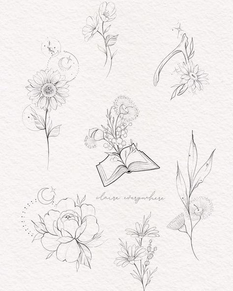 Fineline Flash, Bunch Of Flowers Tattoo, Honeysuckle Tattoo, Female Warrior Tattoo, Flower Reference, Gem Tattoo, Flash Ideas, Aquarius Tattoo, Nautical Tattoo