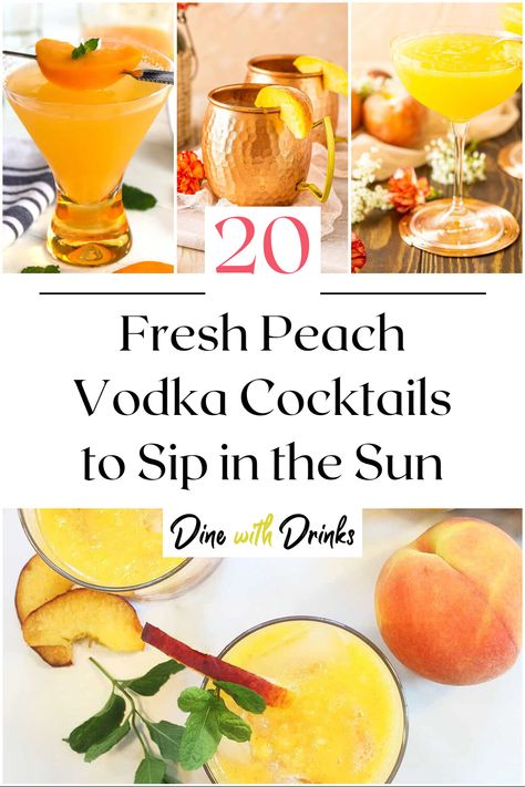 Collage of 4 fresh peach vodka cocktails. Peach Shots Recipe, Peach Champagne Drink, Peach Crush Cocktail, Peach Mixed Drinks Alcohol, Peach Cocktail Recipe Summer Drinks, Fresh Peach Cocktail, Cocktails With Peach Syrup, Peach Cocktails Vodka Summer Drinks, Peach Drinks Alcohol Cocktails