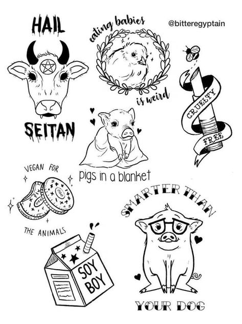 Vegan Animal Tattoo, Cute Vegan Tattoo, Cute Animal Flash Tattoos, Vegan Tattoos Ideas, Vegan Design Art, Apprentice Tattoo Flash, Veganism Tattoo, Animal Liberation Tattoo, Veg Tattoo