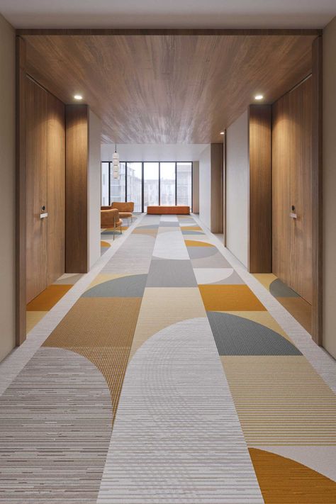 Floor Pattern Design, Bauhaus Interior, Sustainable Flooring, Hotel Corridor, Corridor Design, Lvt Flooring, Office Carpet, Healthcare Design, Lobby Design