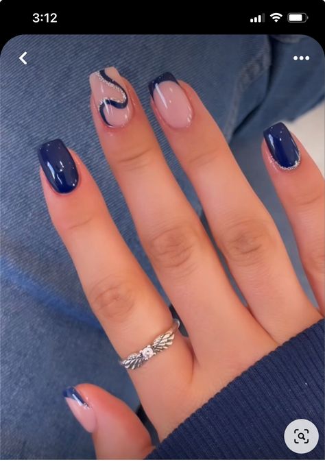 Royal Blue Acrylic Nails Designs Short, Homecoming Nails Designs, Hoco Nail Ideas Dark Blue, Nail Designs For Senior Pictures, Dark Blue Biab Nails, Short Nails For Homecoming, Midnight Blue Hoco Nails, Homecoming Nails For Blue Dress, Hoco Nail Ideas Square