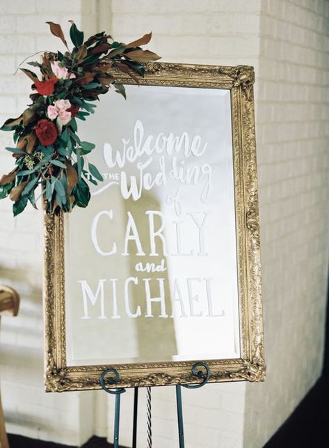 10 Handmade Contemporary Wedding Decoration Ideasmel | PreOwned Wedding Dresses Writing On A Mirror For A Wedding, Gold Mirror Signs, Writing On Mirror Wedding, Romantic Mirror, Mirror Calligraphy, Wedding Mirror Sign, Mirror Wedding Signs, Calligraphy Sign, Wedding Mirror