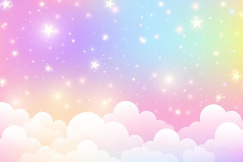 Cloudy sky background. Unicorn fantasy pastel galaxy. Rainbow cute wallpaper. Fluffy magic pink landscape. Vector illustration Unicorn Rainbow Background, Pastel Unicorn Wallpaper, Unicorn Landscape Background, Rainbow Background Landscape, Unicorn Theme Background, Unicorn Tarpaulin Background, Unicorn Background Wallpapers, Pink Unicorn Background, Cute Landscape Background