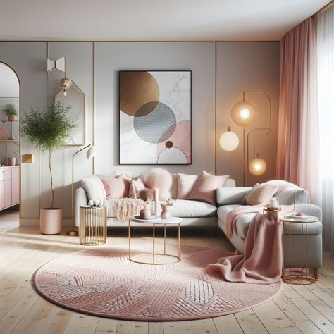 "Skandinavisk stueindretning med pink-grå-guldpalet, marmoraccenter, smart design, miljøvenligt rødt tæppe i en hyggelig villa." Light Grey And Pink Living Room, Dusty Pink Interior Design, Grey Pink Living Room, Pink And Gold Room Ideas, Gold And Pink Room, Pink Living Room Aesthetic, Gold Room Ideas, Living Room Ideas Pink, Pink And White Living Room