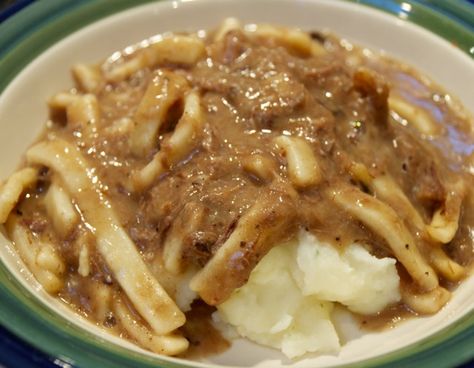 Beef and Noodles over mashed potatoes Cream Of Mushroom Soup, Cream Of Mushroom, Amish Recipes, Shredded Beef, Crockpot Beef, Beef Stock, Beef Ribs, Sauteed Mushrooms, Beef And Noodles