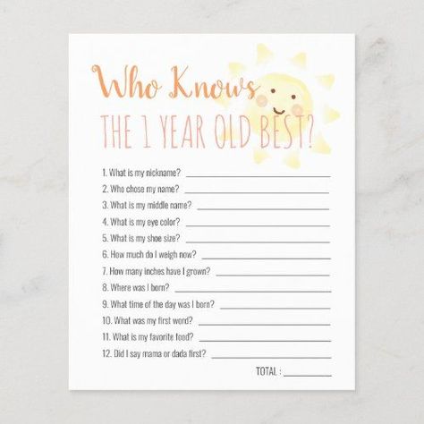 $ 1.2 | Sunshine Who Knows 1yo Best 1st Birthday Game #sunshine, watercolor, yellow, 1st birthday, first birthday, game, party, who knows 1st Birthday Trivia, Would He Rather, First Birthday Activities, Sunshine Watercolor, 1st Birthday Games, 1st Birthday Party Games, First Birthday Game, Sunshine First Birthday, First Birthday Games