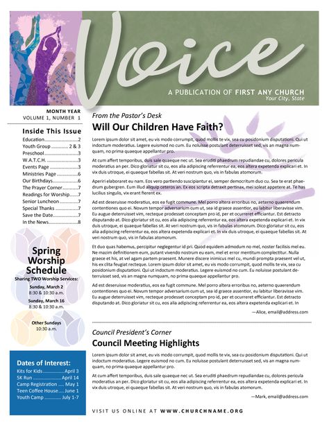 Voice spring church multi-page newsletter template provided in Microsoft Word and Microsoft Publisher Church Newsletter Ideas, Poster Konser, Admin Ideas, Church Bulletin Designs, Newsletter Design Layout, Newsletter Format, Article Ideas, Church Bulletins, Newsletter Examples