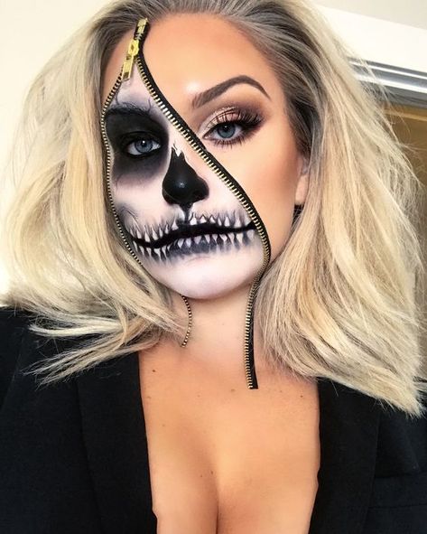 Zipper Halloween Makeup, Horror Smink, Zipper Face Makeup, Face Makeup Halloween, Halloween Make-up Looks, Holloween Makeup, Zipper Face, Skeleton Face, Character Cosplay