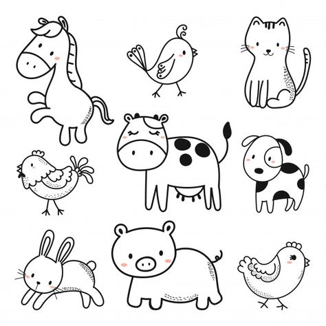 Bunny Vector Illustrations, Animal Cartoon Drawings, Simple Animal Doodles, Farm Animals Drawing, Farm Animals Vector, Cartoon Farm Animals, Doodle Animals, Animals Doodle, Drawn Animals