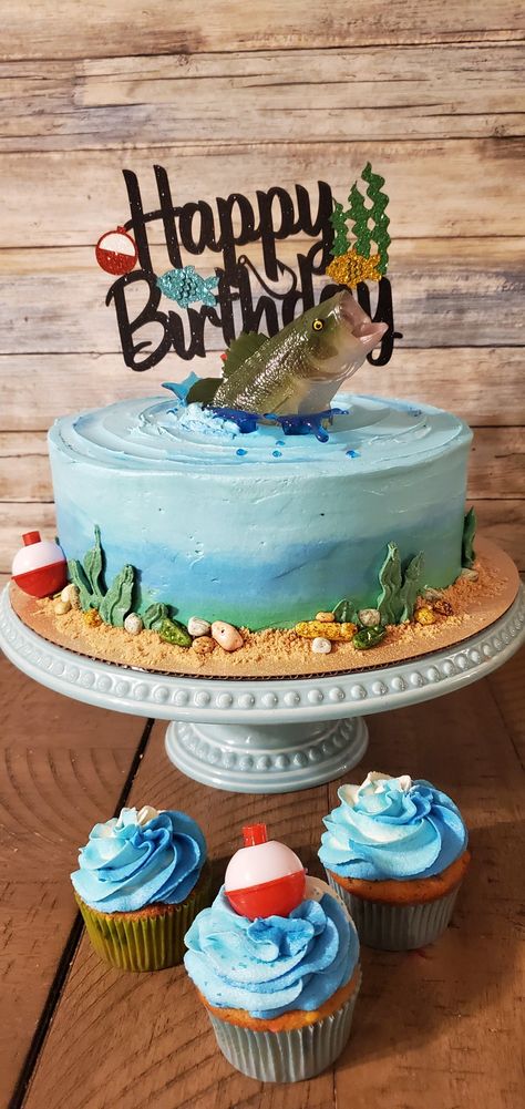 Fishing Theme Cakes For Men, Birthday Cakes Fishing Theme, Fish Bday Cake, Fishing Derby Birthday Party, Tuna Birthday Cake, Buttercream Fishing Cake, Ofishally Four Birthday Cake, Fishing Themed Birthday Party Cake, Ofishally Two Birthday Cake