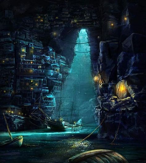 Reposting @otherworldlyrealms: #caves #nature #beautiful  #pirates #ship #sea #cave #blue #night #hidden #citty #paint #paintings #illustration #painting_study #enjoypainting #art #artist #artstation #patreon #newproject #idea #instaart #instaillustration #patreonartist Grotto Fantasy Art, Cave City Concept Art, Hidden City, Cave City, Blue Grotto, Dnd Campaign, Fantasy Town, Underground World, Pirates Cove