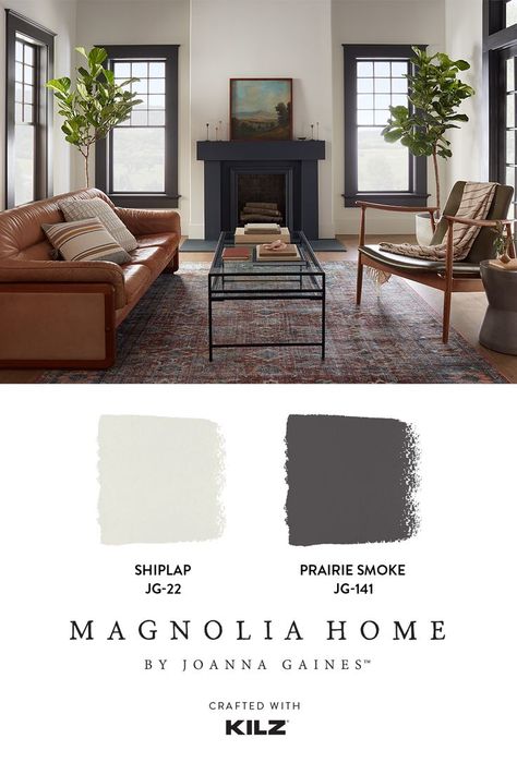 “The contrast of the dark trim and light walls brings this room to life, giving it both a traditional and a modern feel.” –Joanna Gaines. Learn how these shades came together to create a classic and cozy living room on our blog. Dark Trim Around Windows, Sunroom Dark Walls, Black Living Room White Trim, Dark Living Room Paint Color Ideas, White Walls Dark Trim Living Room, Dark Trim Light Walls Bedroom, White Walls Darker Trim Living Room, White Walls Dark Fireplace, Darker Trim Lighter Walls Living Room