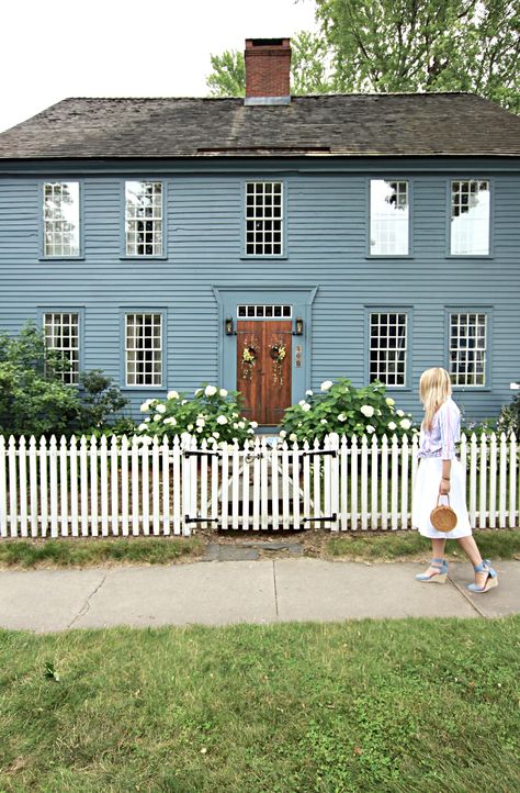 Cloudy with a Chance of Stripes — Kristy & New England Blue New England House Exterior, Monochrome Blue House Exterior, New England Exterior House Colors, Historic Blue Exterior Paint, Federal House Exterior, Blue Cape Cod House Exterior, Upstate New York Farmhouse, Red Colonial House Exterior, Salt Box House Exterior Modern