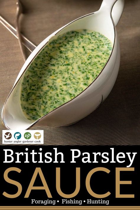 Parsley sauce can mean different things to different people, but for me it is this British-style parsley sauce with cream and a hint of mustard. It’s great on fish, white meat poultry, or pork. Lots of other versions of parsley sauce exist around the world. One of the most famous is chimichurri, from Argentina, and parsley plays a huge role in Italian salsa verde. These are both acidic sauces with no dairy. | @huntgathercook #hankshaw #parsleysauce #howtomakeparsleysauce #Britishparsleysauce Parsley Sauce For Ham, Irish Parsley Sauce Recipe, Parsley Sauce For Steak, Parsley Sauce For Fish, Parsley Cream Sauce, Parsley Sauce Recipe, Recipes With Parsley, Paleo Sauce, Italian Salsa