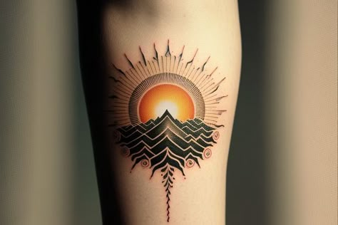 70+ Minimalist Tattoo Ideas To Inspire Your Next Piece | Inspirationfeed Color Sun Tattoo Designs, Geometric Sun Tattoo Design, Retro Space Tattoo, Abstract Sunset Tattoo, Orange Sun Tattoo, Colorful Geometric Tattoo, 4 Elements Tattoo Minimalist, Bord Tattoo, Sun Rising Tattoo