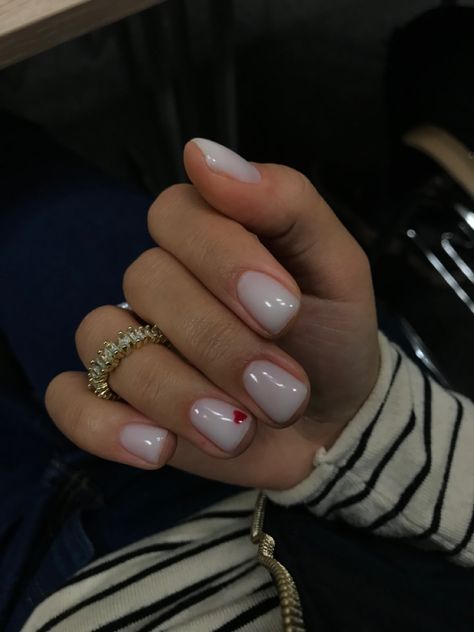 Milk White Nails With Heart, Red Heart Manicure, Heart Nails Natural, Milky White With Hearts Nails, Short White Nails With Red Heart, Small Heart Nails Simple, Small Heart Design Nails, Milky White Nails Red Heart, Small Red Heart Nails