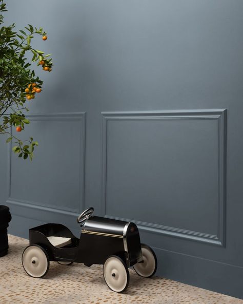 A dark, moody gray sharpened with a hint of blue. Boys Bedroom Paint Color, Dark Blue Grey Paint, Boys Room Paint Colors, Grey Boys Rooms, Blue Gray Nursery, Blue Boys Bedroom, Benjamin Moore Blue, Boys Room Blue, Nursery Paint Colors