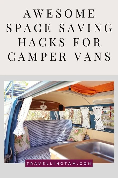 Awesome Space Saving & Organisational Hacks for Van Life Campervan Storage Ideas, Campervan Hacks, Van Inspiration, Small Camper Vans, Van Organization, Organizational Hacks, Space Saving Hacks, Van Storage, Saving Hacks