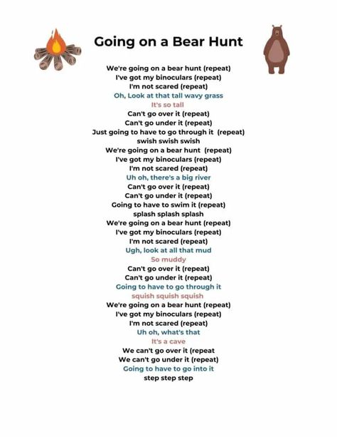 One of my favorite campfire songs, going on a bear hunt with a downloadable pdf print version of the lyrics included. Going On A Bear Hunt Song Lyrics, Teddy Bear Turn Around Song, Going On A Bear Hunt Printables, Camping Songs For Toddlers, Going On A Bear Hunt Song, Bear Games Preschool, Bear Circle Time Activities, Were Going On A Bear Hunt, We Are Going On A Bear Hunt