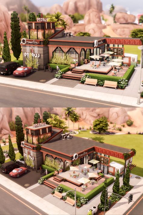 Cafe Ideas Design, Sims 4 Restaurant, Lotes The Sims 4, The Sims 4 Lots, Sims 4 Family, Sims 4 House Building, Sims 4 Expansions, Sims 4 House Design, Casas The Sims 4