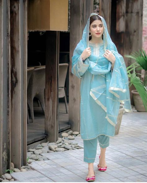 Blue Baby Shower Dress, Punjabi Dress Design, Sky Blue Suit, Saree Organza, Long Blouse Designs, Combination Dresses, Blue Colour Dress, Indian Kurti, Frock And Frill