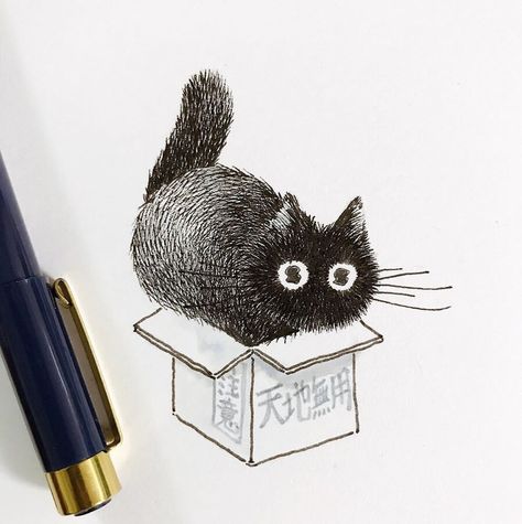 Black Cat Drawings, Cat In Box, Black Cat Drawing, Black Cat Tattoos, Cartoon Character Tattoos, Cat Tat, Cat Drawings, Drawing Expressions, Cat Box