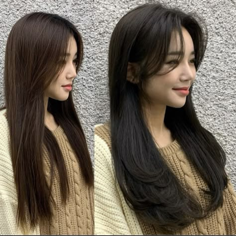 Layered Hair Korean Long, Korean Haircuts For Medium Hair, Long Layers With Curtain Bangs Asian, Haircut For Long Hair Korean, Korean Long Haircut With Bangs, Kpop Layered Hair, Korean Hair Color 2023, Korean Layered Haircut With Bangs, Korean Volume Hair